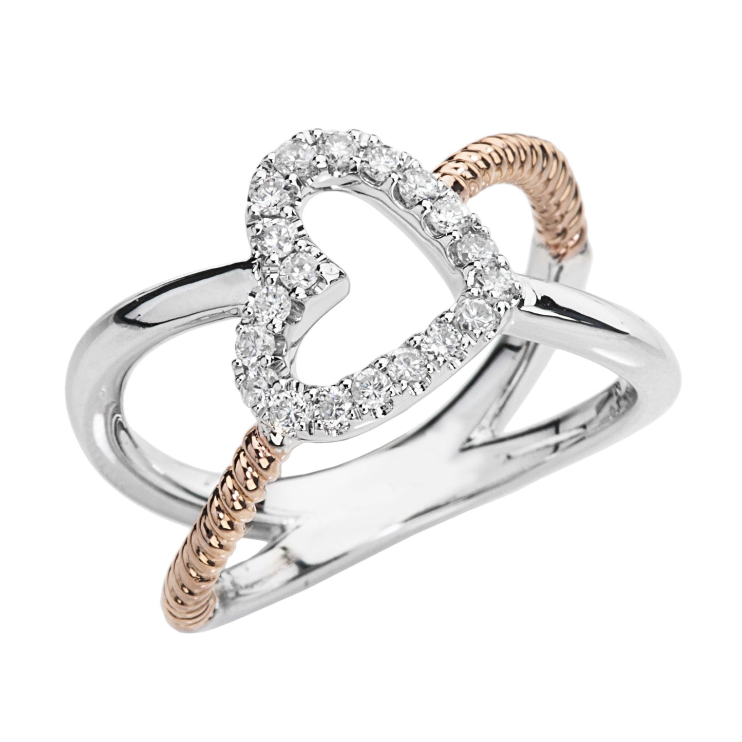 14K WHITE AND ROSE GOLD DIAMOND HEART ROPE RING