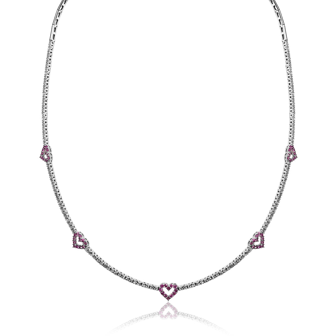 18K White gold hearts necklace with diamonds and pink sapphires