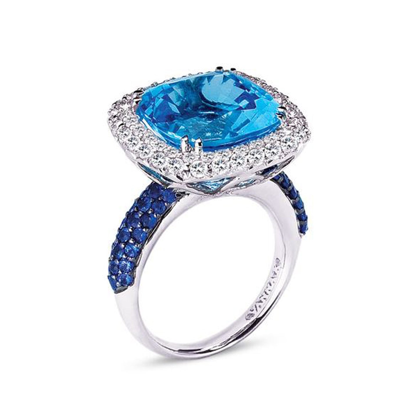 18K WHITE GOLD RING WITH DIAMONDS SAPPHIRES AND BLUE TOPAZ
