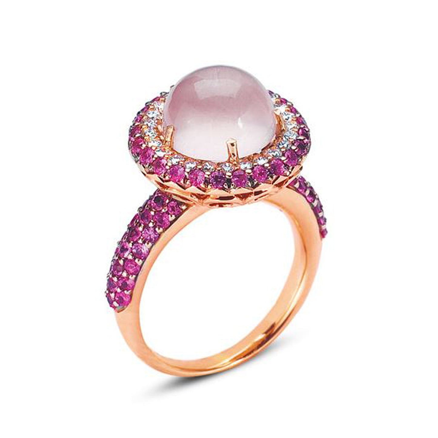 18K ROSE GOLD RING WITH DIAMONDS SAPPHIRES AND ROSE QUARTZ