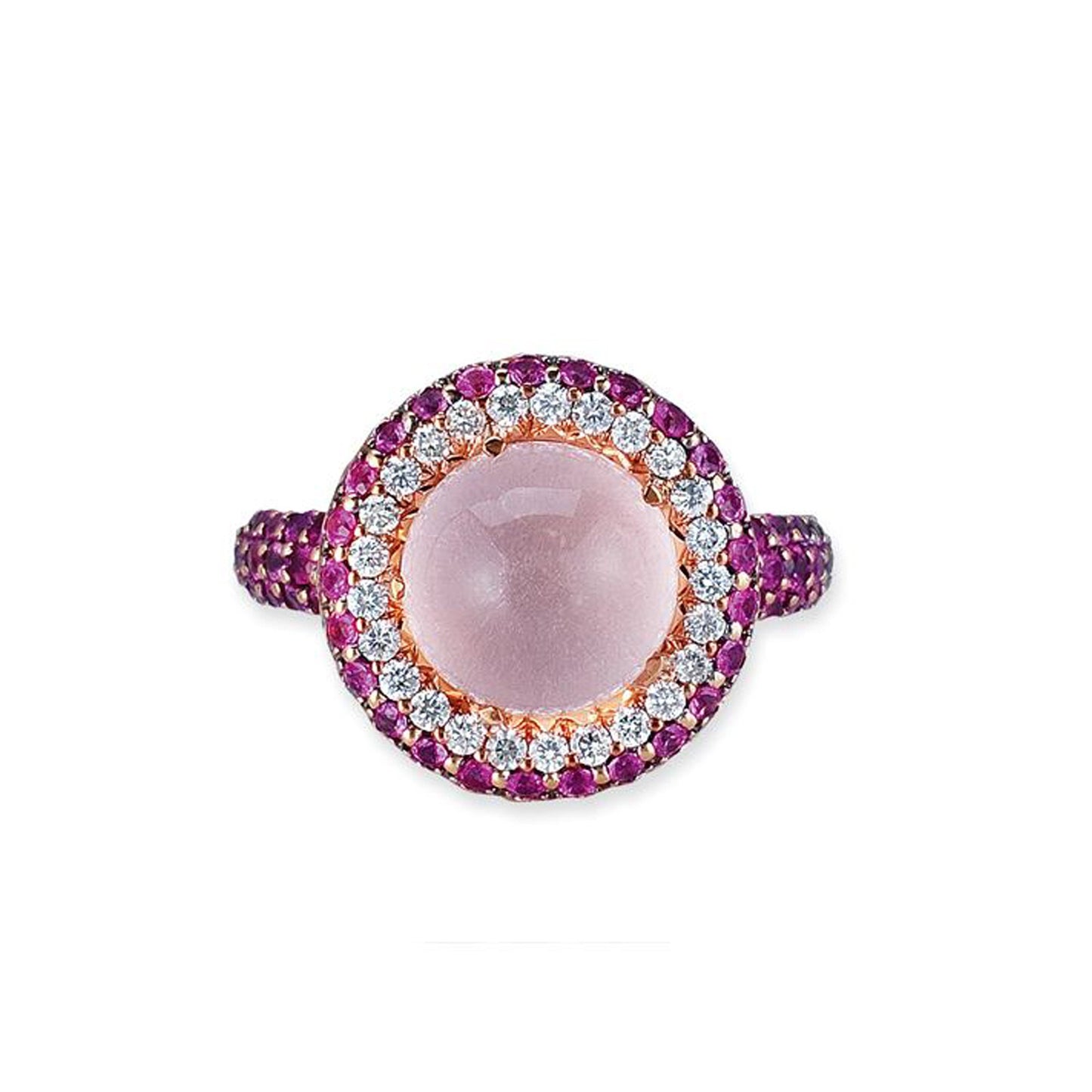 18K ROSE GOLD RING WITH DIAMONDS SAPPHIRES AND ROSE QUARTZ