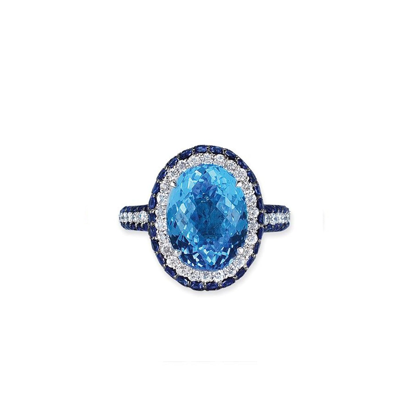 18K WHITE GOLD RING WITH DIAMONDS SAPPHIRES AND BLUE TOPAZ