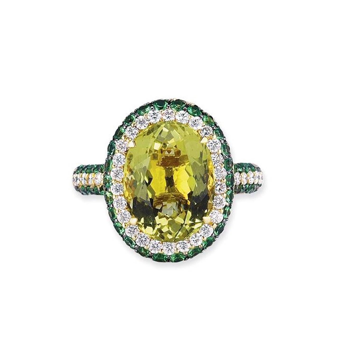 18K YELLOW GOLD RING WITH DIAMONDS TSAVORITE AND LEMON QUARTZ