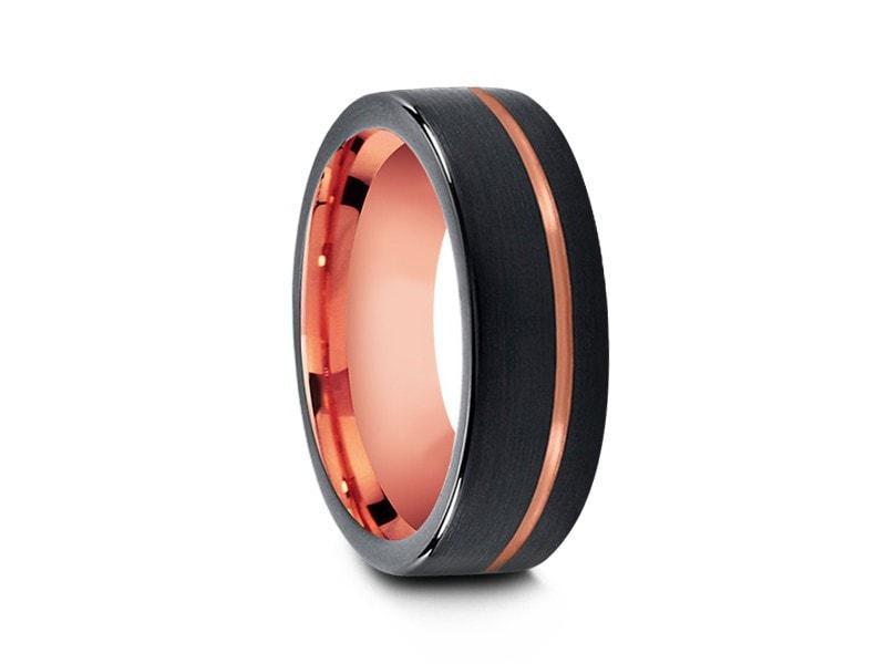 Black & Rose Gold Tungsten Wedding Band - Brushed Polished - Two Tone Ring - Engagement Band - Flat Shaped - Comfort Fit 8mm - Vantani Wedding Bands