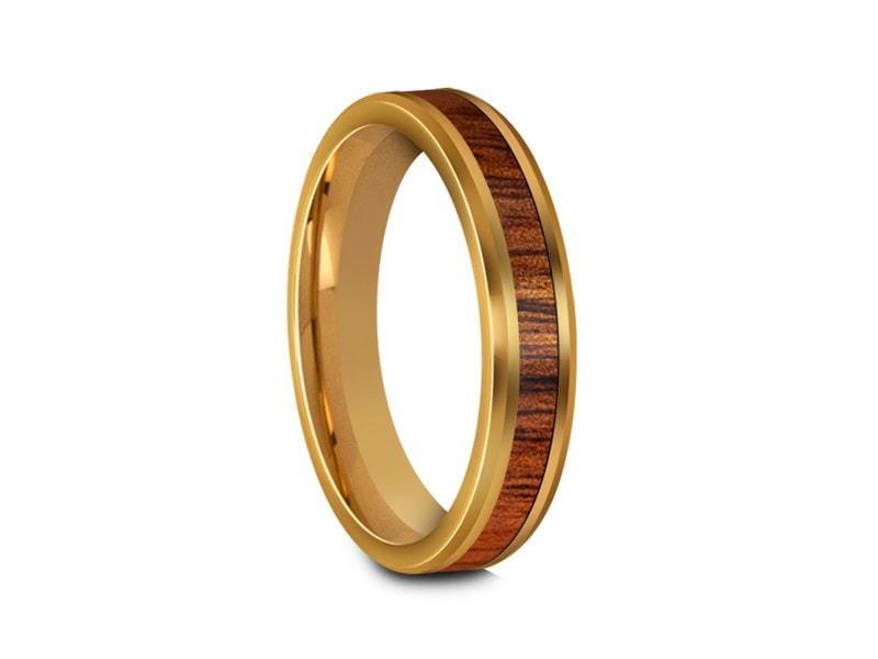 HAWAIIAN Koa Wood Inlay Tungsten Carbide Ring - Yellow Gold Palted - Koa Wood Wedding Band - Engagement Ring - Beveled Shaped - Comfort Fit 4mm - Vantani Wedding Bands
