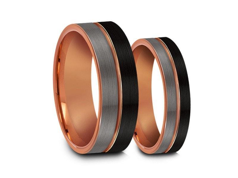 Tungsten Matching Wedding Band Set - Matching Bands - His/Hers - Engagement Ring Set - Three Tone Bands - Flat Shaped - Comfort Fit 6mm/8mm - Vantani Wedding Bands