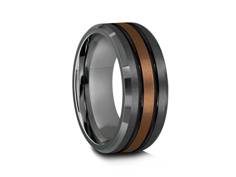Brushed Tungsten Wedding Band - Rose Gold Plated Inlay - Gunmetal - Two Tone - Engagement Ring - Beveled Shaped - Comfort Fit 8mm - Vantani Wedding Bands