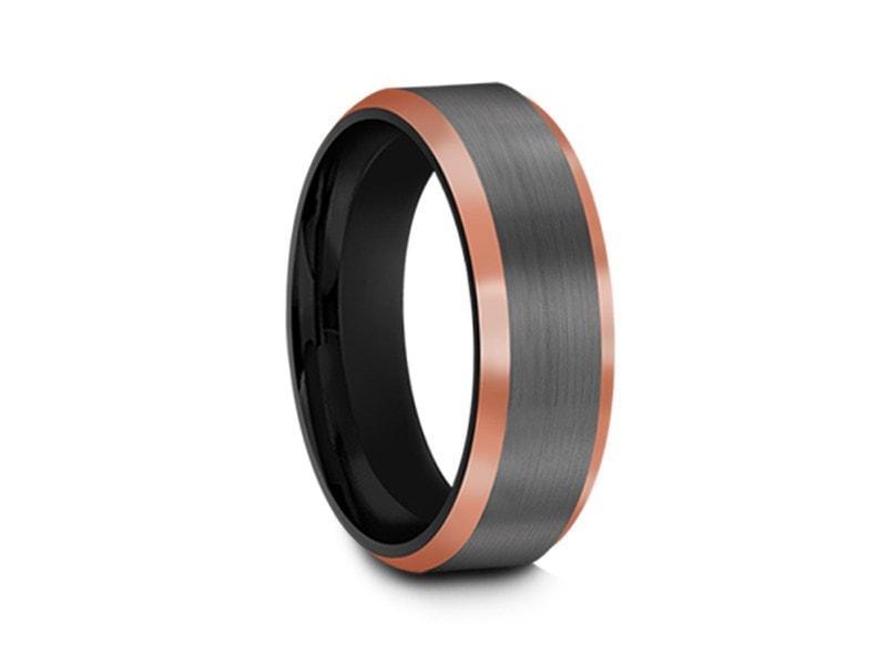 Brushed Tungsten Wedding Band - Gunmetal - Rose Gold Inlay - Engagement Ring - Beveled Shaped - Comfort Fit 6mm - Vantani Wedding Bands