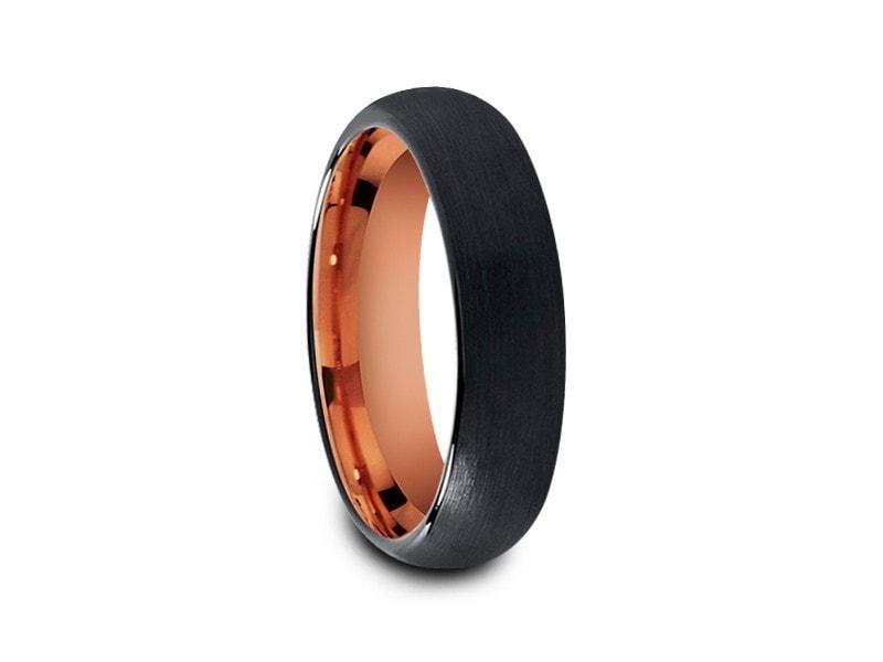 Rose Gold Tungsten Wedding Band - Black Brushed Ring - Engagement Band - Two Tone -Dome Shaped - Comfort Fit 6mm - Vantani Wedding Bands