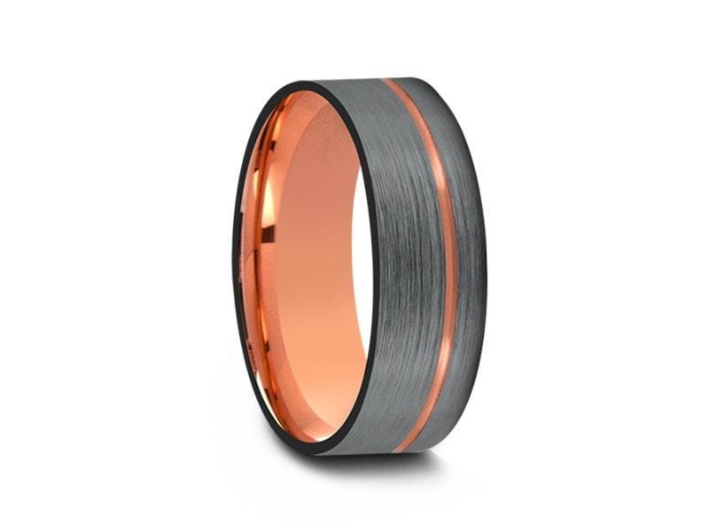 Rose Gold Tungsten Wedding Band - Brushed Polished - Engagement Ring - Three Tone - Flat Shaped - Comfort Fit 8mm - Vantani Wedding Bands