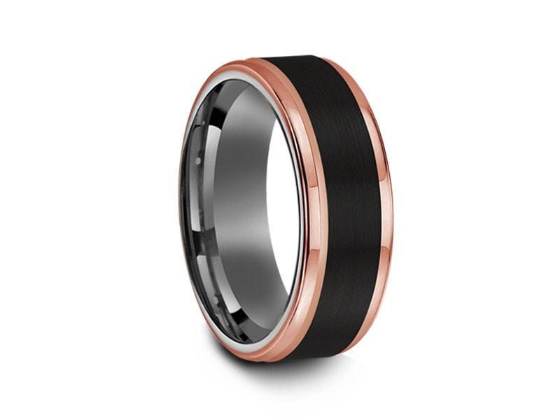 Brushed Black Tungsten Wedding Band - Rose Gold Edges - Three Tone Ring - Engagement Band - Ridged Edges - Comfort Fit 8mm - Vantani Wedding Bands
