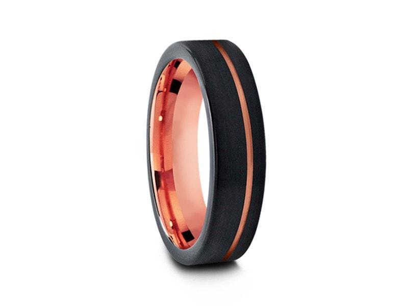 Black & Rose Gold Tungsten Wedding Band - Brushed Polished - Two Tone Ring - Engagement Band - Flat Shaped - Comfort Fit 6mm - Vantani Wedding Bands