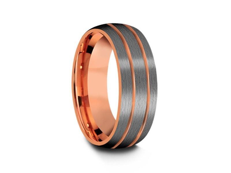 Rose Gold Tungsten Wedding Band - Brushed Polished - Engagement Ring - Two Tone - Dome Shaped - Comfort Fit 8mm - Vantani Wedding Bands