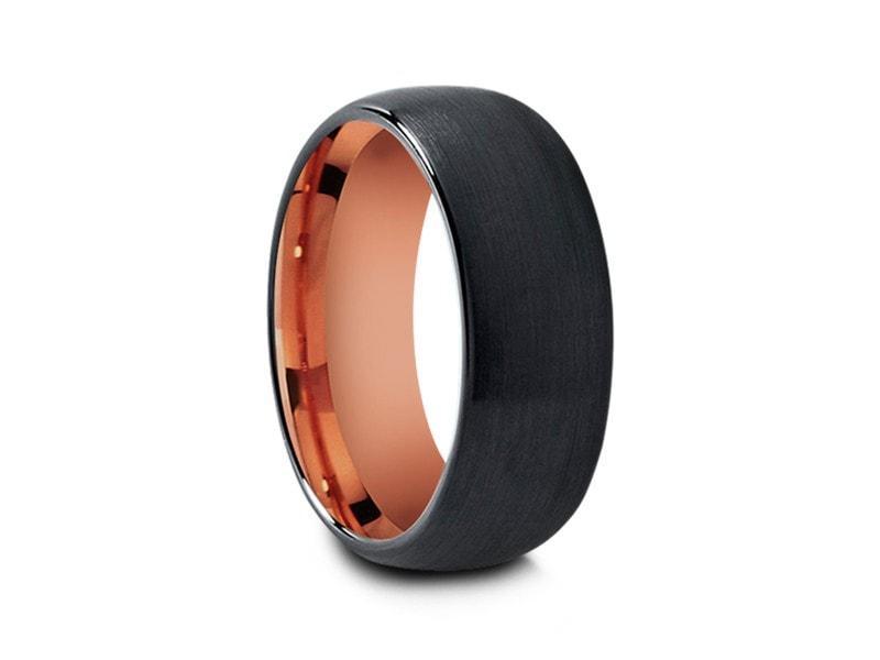 Rose Gold Tungsten Wedding Band - Black Brushed Ring - Engagement Band - Two Tone - Domed Shaped - Comfort Fit 8mm - Vantani Wedding Bands