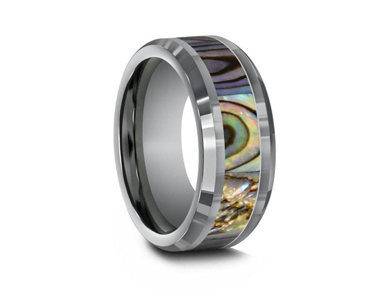 Abalone Shell Tungsten Carbide Wedding Band - Abalone Inlay Ring - Shell Ring - Engagement Band - Beveled Shaped - Comfort Fit 8mm - Vantani Wedding Bands