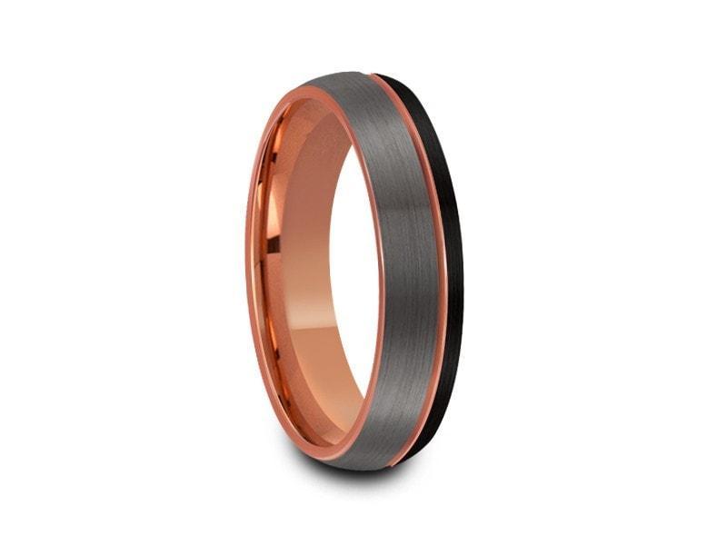Rose Gold Tungsten Wedding Band - Brushed Polished - Engagement Ring - Three Tone - Dome Shaped - Comfort Fit 6mm - Vantani Wedding Bands