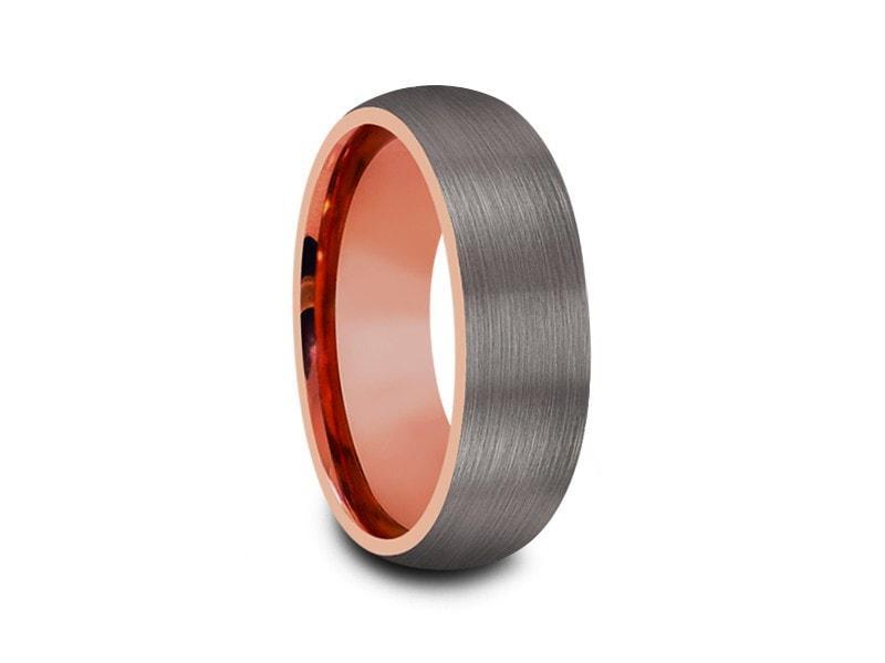 Rose Gold Tungsten Wedding Band - Gray Brushed Ring - Rose Gold Plated Inlay - Two Tone - Dome Shaped - Comfort Fit 8mm - Vantani Wedding Bands
