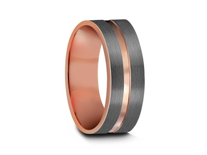 Rose Gold Tungsten Wedding Band - Gray Brushed Ring - Rose Gold Plated Inlay - Two Tone - Engagement Ring - Flat Shaped - Comfort Fit 8mm - Vantani Wedding Bands