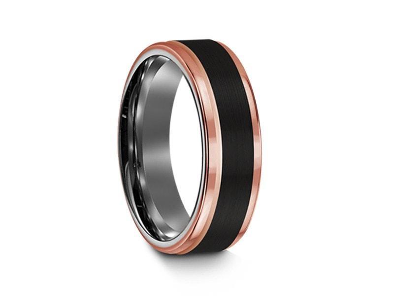 Brushed Black Tungsten Wedding Band - Rose Gold Edges - Three Tone Ring - Engagement Band - Ridged Edges - Comfort Fit 6mm - Vantani Wedding Bands
