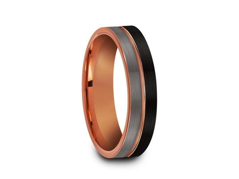 Rose Gold Tungsten Wedding Band- Brushed Polished - Engagement Ring - Three Tone - Flat Shaped - Comfort Fit 6mm - Vantani Wedding Bands