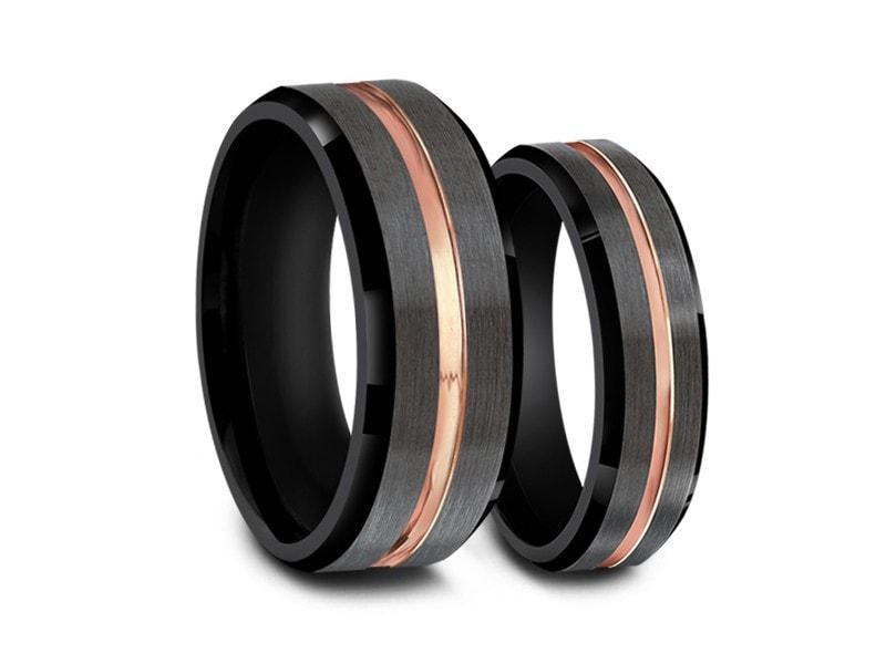 Tungsten Matching Wedding Band Set - Matching Bands - His/Hers - Engagement Ring Set - Three Tone Bands - Beveled Shaped - Comfort Fit 6mm/8mm - Vantani Wedding Bands