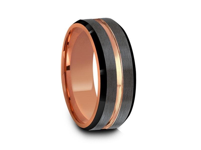Rose Gold Tungsten Wedding Band - Brushed Polished - Engagement Ring - Three Tone - Beveled Shaped - Comfort Fit 8mm - Vantani Wedding Bands