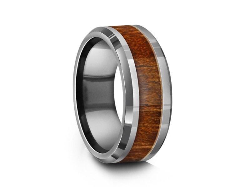 HAWAIIAN Koa Wood Inlay Tungsten Carbide Ring - Koa Wood Wedding Band - Engagement Ring - Beveled Shaped - Comfort Fit 8mm - Vantani Wedding Bands