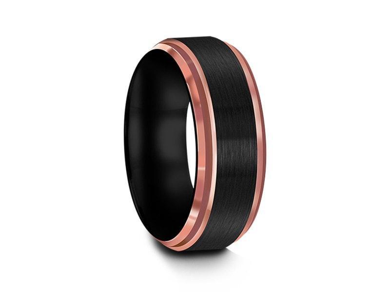 Brushed Tungsten Wedding Band - Rose Gold Inlay - Engagement Band - Two Tone Ring - Ridged Edges - Comfort Fit 8mm - Vantani Wedding Bands
