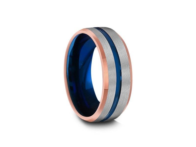 Blue Gunmetal Tungsten Wedding Band - Brushed Polished - Rose Gold Plated inlay - Engagement Ring - Beveled Shaped - Comfort Fit 8MM - Vantani Wedding Bands