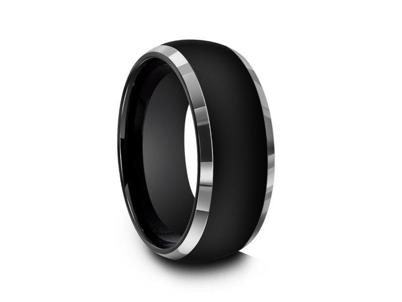 High Polish Black Tungsten Wedding Band - Two Tone - Engagement Ring - Dome Shaped - Comfort Fit 8mm - Vantani Wedding Bands