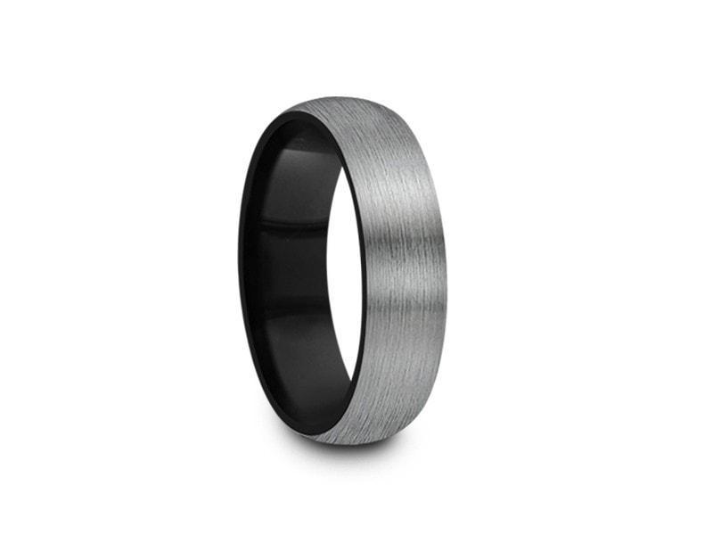 Black Brushed Tungsten Wedding Band - Gray Gunmetal - Two Tone - Engagement Ring - Dome Shaped - Comfort Fit 6mm - Vantani Wedding Bands