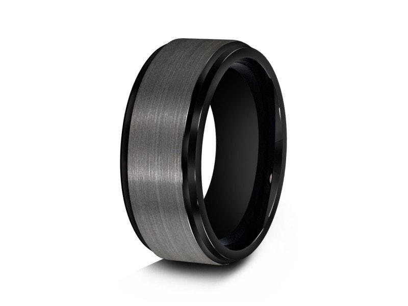 Brushed Gunmetal Tungsten Wedding Band - Engagement Ring -Black Inlay - Ridged Edges - Comfort Fit 8mm - Vantani Wedding Bands