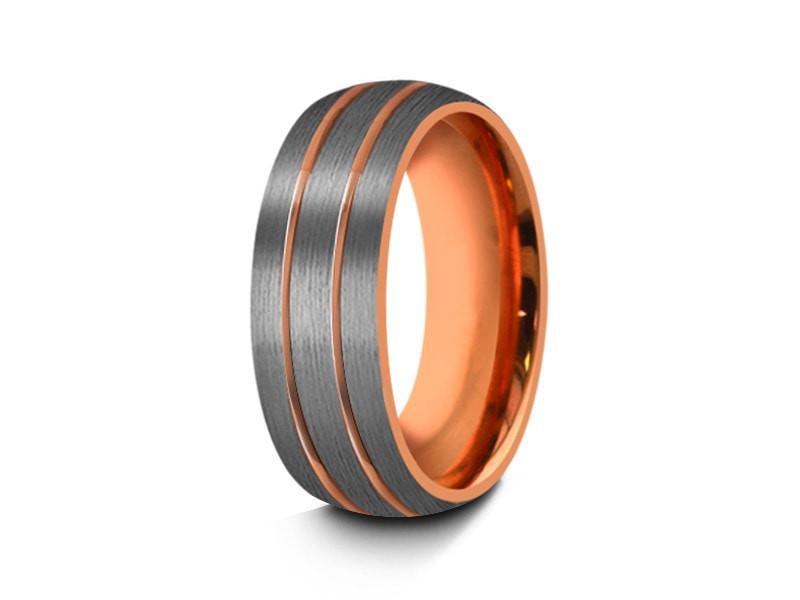 Rose Gold Tungsten Wedding Band - Brushed Polished - Engagement Ring - Two Tone - Dome Shaped - Comfort Fit 8mm - Vantani Wedding Bands