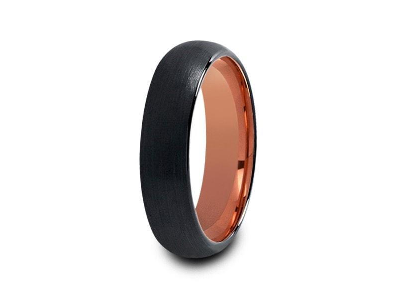 Rose Gold Tungsten Wedding Band - Black Brushed Ring - Engagement Band - Two Tone -Dome Shaped - Comfort Fit 6mm - Vantani Wedding Bands
