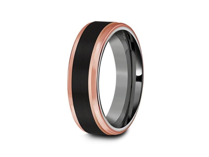 Brushed Black Tungsten Wedding Band - Rose Gold Edges - Three Tone Ring - Engagement Band - Ridged Edges - Comfort Fit 6mm - Vantani Wedding Bands