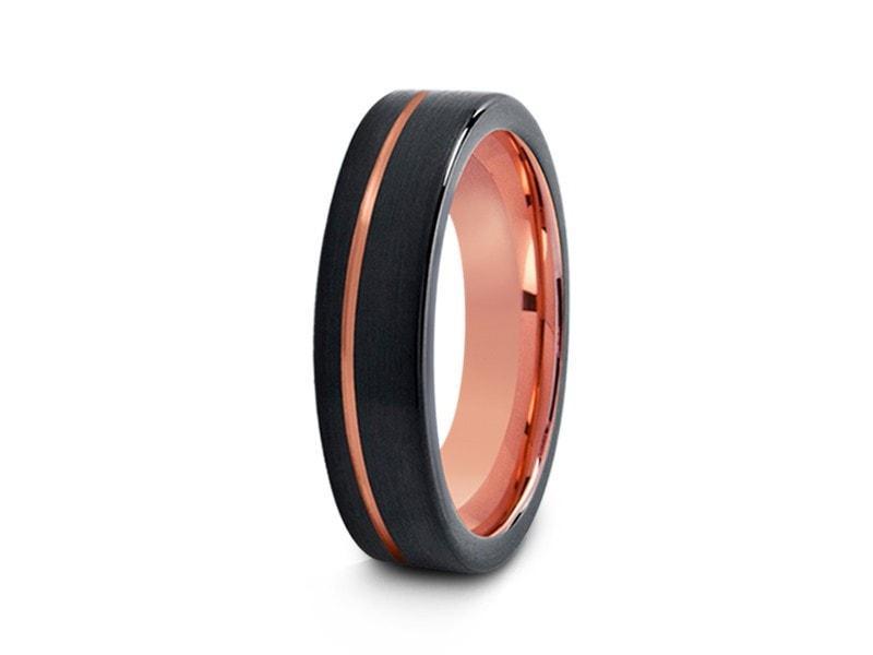 Black & Rose Gold Tungsten Wedding Band - Brushed Polished - Two Tone Ring - Engagement Band - Flat Shaped - Comfort Fit 6mm - Vantani Wedding Bands