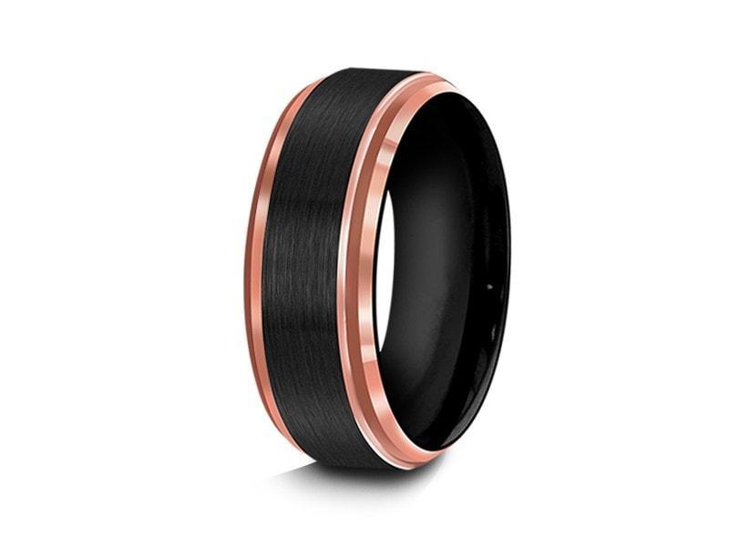 Brushed Tungsten Wedding Band - Rose Gold Inlay - Engagement Band - Two Tone Ring - Ridged Edges - Comfort Fit 8mm - Vantani Wedding Bands