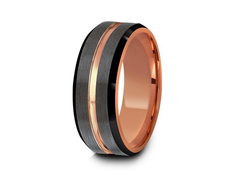 Rose Gold Tungsten Wedding Band - Brushed Polished - Engagement Ring - Three Tone - Beveled Shaped - Comfort Fit 8mm - Vantani Wedding Bands