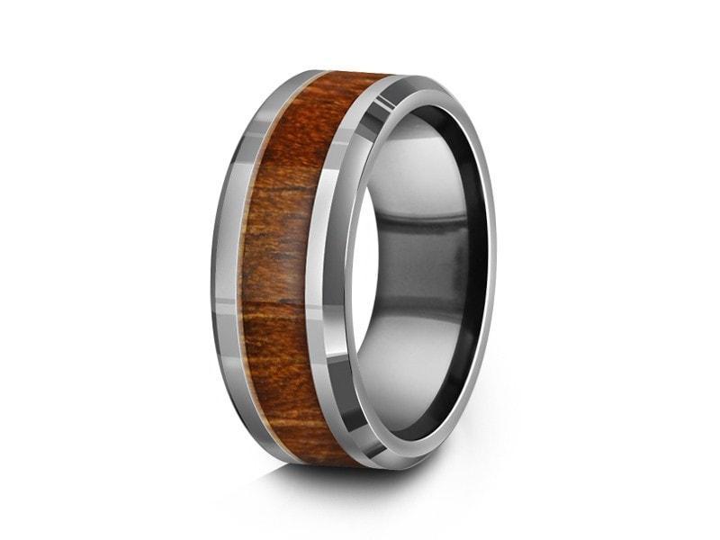 HAWAIIAN Koa Wood Inlay Tungsten Carbide Ring - Koa Wood Wedding Band - Engagement Ring - Beveled Shaped - Comfort Fit 8mm - Vantani Wedding Bands