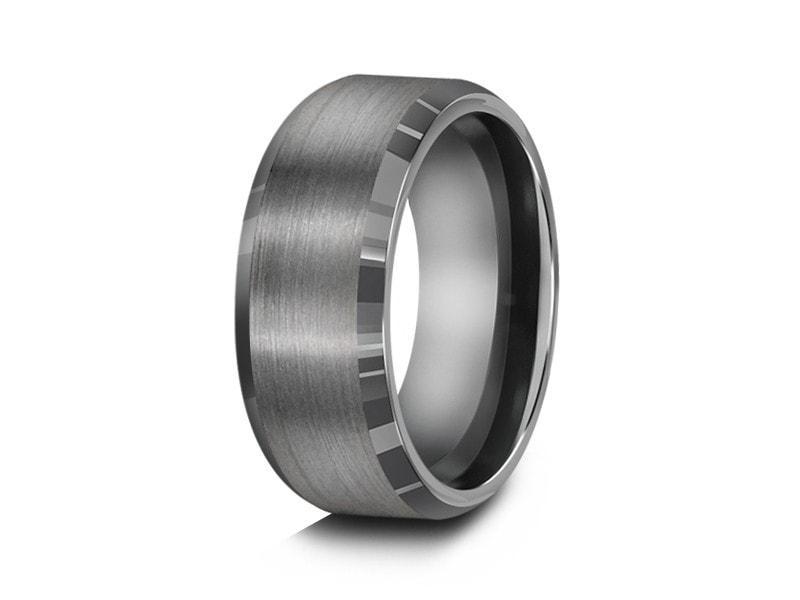 Brushed and Polished Tungsten Wedding Band - Gray Gunmetal - Engagement Ring - Beveled Shaped - Comfort Fit 8mm - Vantani Wedding Bands