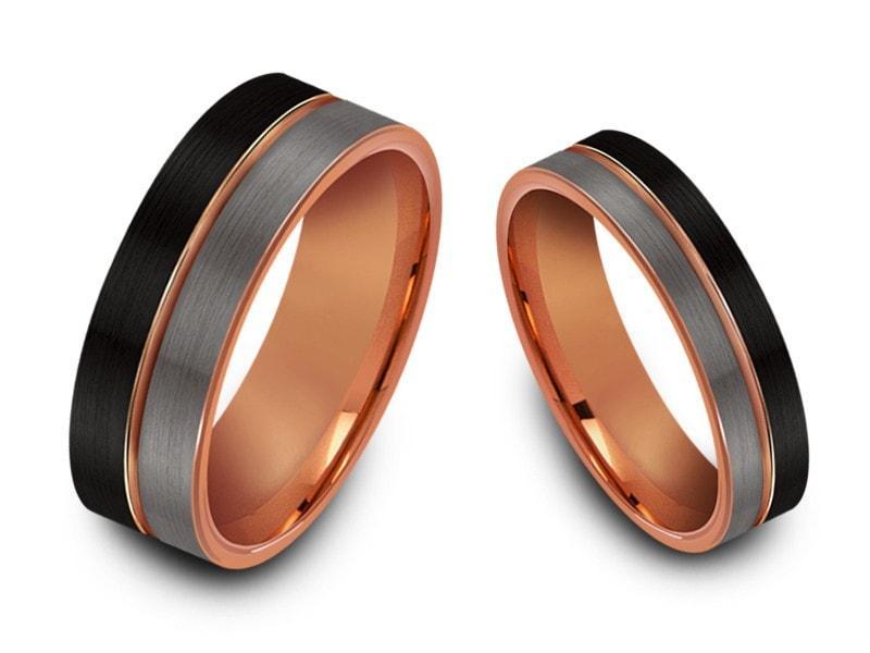 Tungsten Matching Wedding Band Set - Matching Bands - His/Hers - Engagement Ring Set - Three Tone Bands - Flat Shaped - Comfort Fit 6mm/8mm - Vantani Wedding Bands