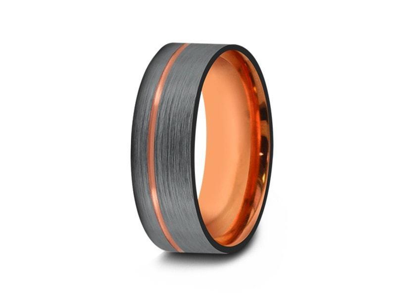 Rose Gold Tungsten Wedding Band - Brushed Polished - Engagement Ring - Three Tone - Flat Shaped - Comfort Fit 8mm - Vantani Wedding Bands