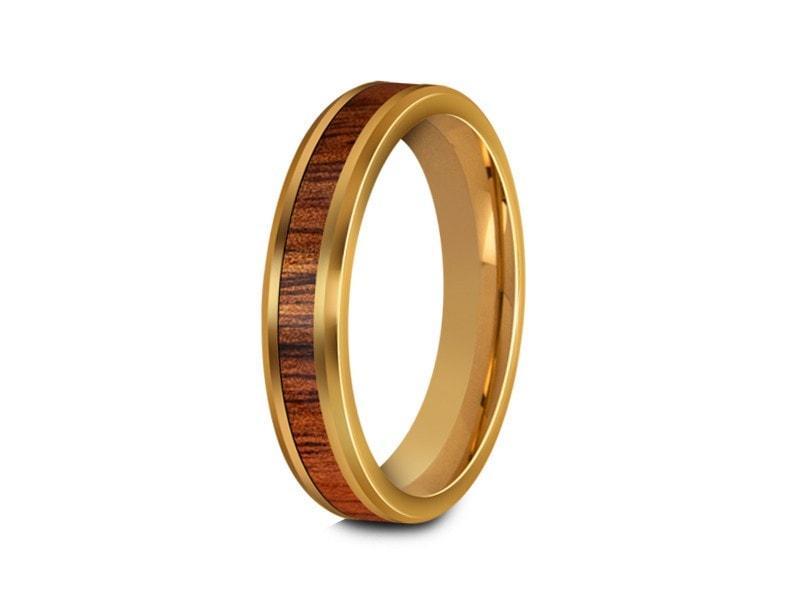 HAWAIIAN Koa Wood Inlay Tungsten Carbide Ring - Yellow Gold Palted - Koa Wood Wedding Band - Engagement Ring - Beveled Shaped - Comfort Fit 4mm - Vantani Wedding Bands