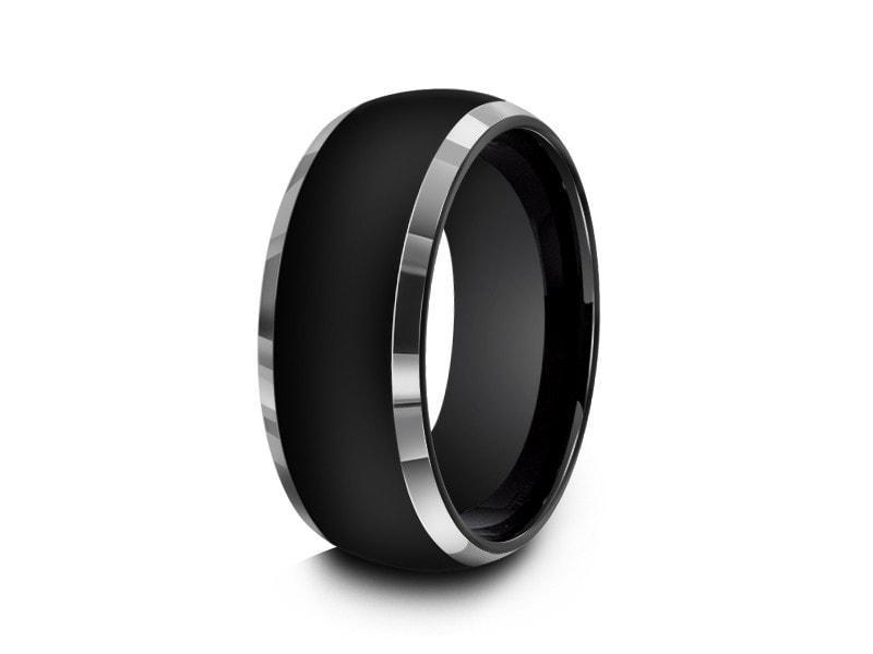High Polish Black Tungsten Wedding Band - Two Tone - Engagement Ring - Dome Shaped - Comfort Fit 8mm - Vantani Wedding Bands