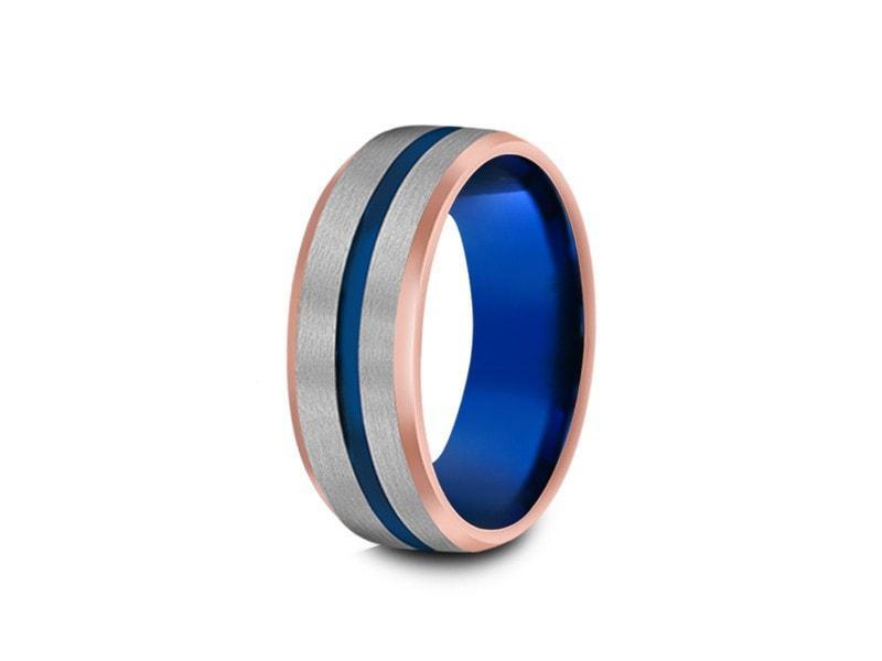 Blue Gunmetal Tungsten Wedding Band - Brushed Polished - Rose Gold Plated inlay - Engagement Ring - Beveled Shaped - Comfort Fit 8MM - Vantani Wedding Bands