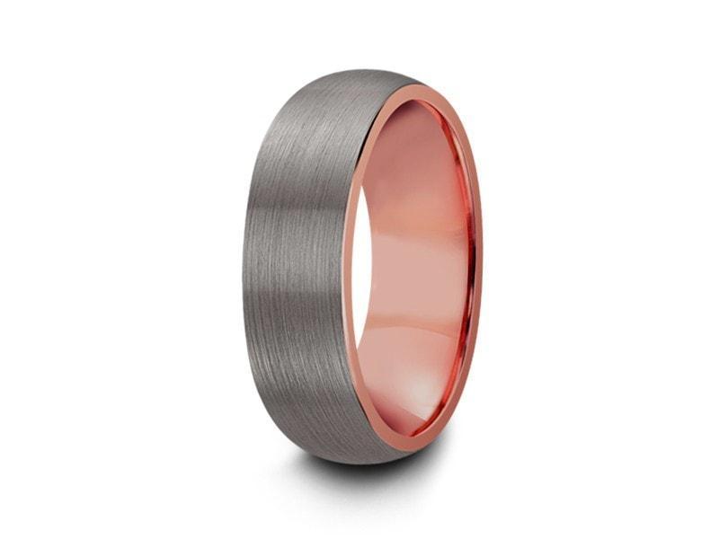 Rose Gold Tungsten Wedding Band - Gray Brushed Ring - Rose Gold Plated Inlay - Two Tone - Dome Shaped - Comfort Fit 8mm - Vantani Wedding Bands