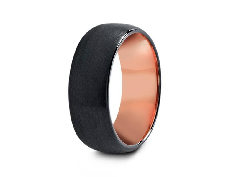 Rose Gold Tungsten Wedding Band - Black Brushed Ring - Engagement Band - Two Tone - Domed Shaped - Comfort Fit 8mm - Vantani Wedding Bands