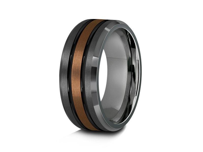 Brushed Tungsten Wedding Band - Rose Gold Plated Inlay - Gunmetal - Two Tone - Engagement Ring - Beveled Shaped - Comfort Fit 8mm - Vantani Wedding Bands