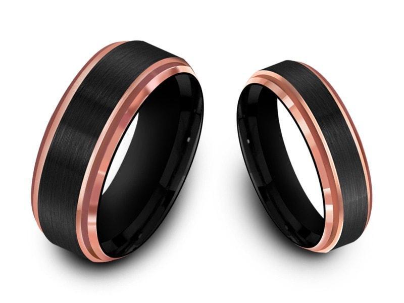 Tungsten Matching Wedding Band Set - Matching Bands - His/Hers - Engagement Ring Set - Two Tone Bands - Ridged Edges - Comfort Fit 6mm/8mm - Vantani Wedding Bands