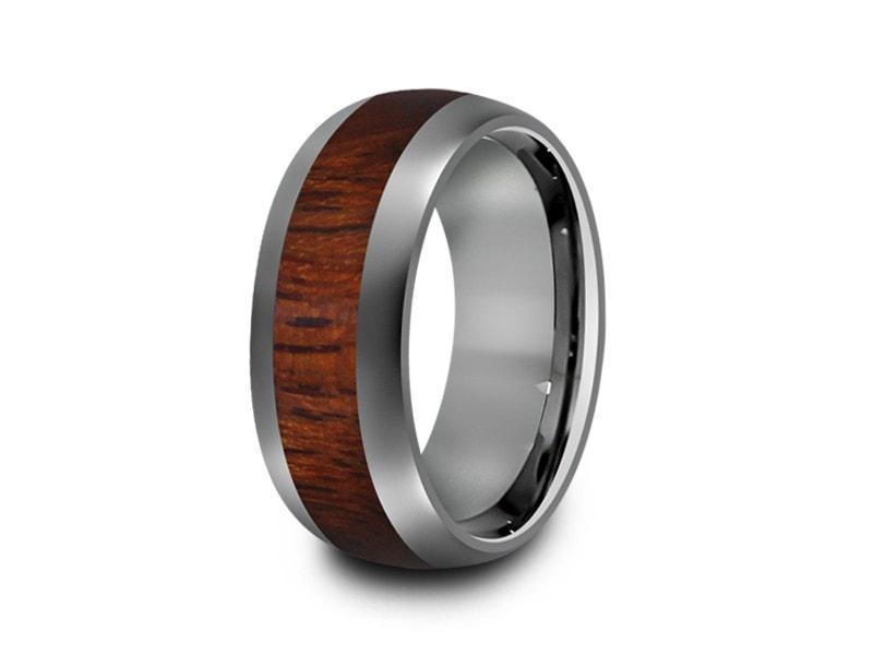 HAWAIIAN Koa Wood Inlay Tungsten Carbide Ring - Koa Wood Wedding Band - Engagement Ring - Dome Shaped - Comfort Fit 8mm - Vantani Wedding Bands